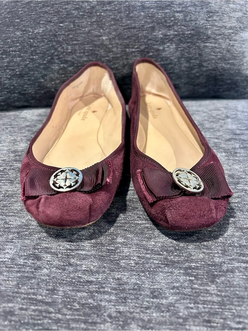 kate spade Fontana Too Suede Burgundy Ballet Flats with Bow & Logo Medallion